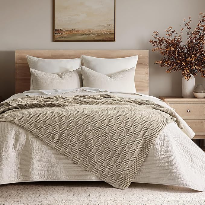 EVERGRACEHOME Modern Checkered Chenille Throw Blanket, Soft Cozy Plaid Knitted Chair Blanket for Sofa Couch, Decorative Knit Throw for Bed and Living Room, Sand Dune, 50" x 60"