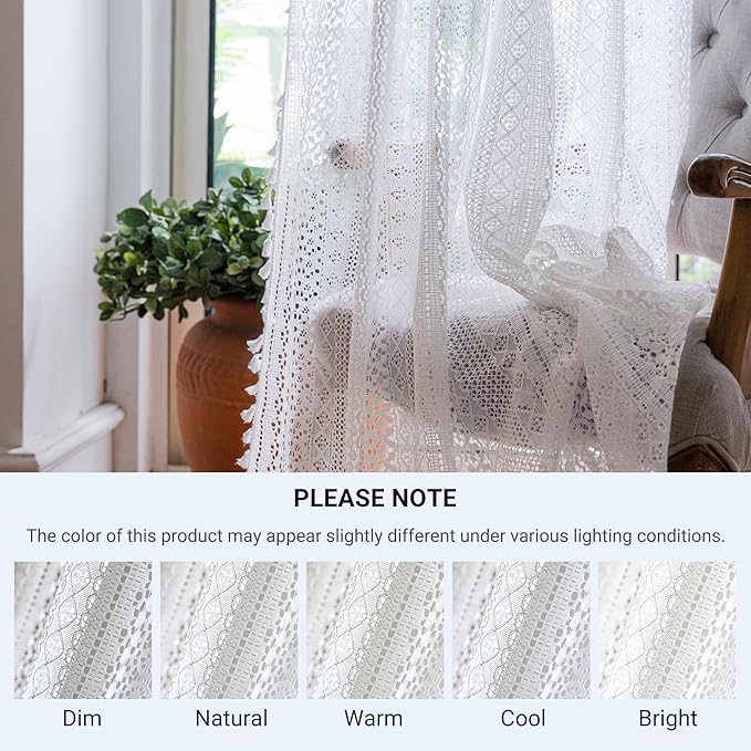 WAZZIO Boho Lace Curtains 84 Inches 2 Panel,Light Filtering Privacy Tassel & Geometry Crochet Semi Sheer Curtain Drapes for Bedroom Living Dining Room,Rod Pocket & Tassel,Victorian Decor,Off White