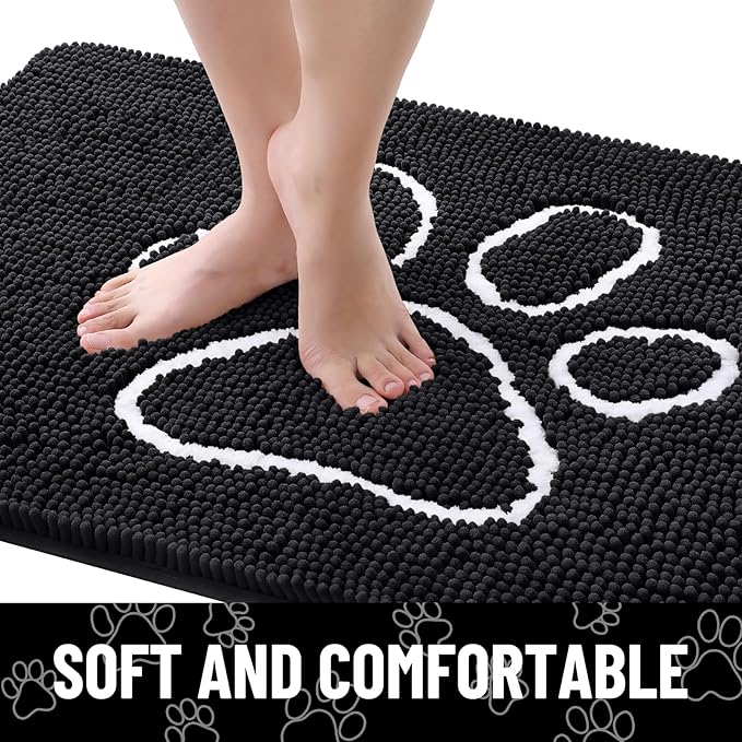Smiry Dog Door Mat for Muddy Paws, Absorbent Dirt Trapper Non Slip Quick Dry Washable Chenille Mat for Mud Dogs, Entry Rug for Indoor and Outdoor (40x32 Inches, Black and White)
