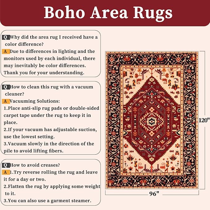 SERISSA Washable Rugs 8x10 Area Rugs, Large Non-Slip Boho Living Room Rug, Ultra Soft Oriental Vintage Red Black Print Distressed Carpet for Dining Room Bedroom Dorm Office Home Decor