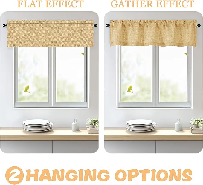 OWENIE Gold Valances for Windows 1 Pcs, Light Filtering Textured Farmhouse Short Small Valance Curtains for Bathroom Basement Living Room Bedroom, Rod Pocket Half Curtains Over Sink, 52Wx14L Inch