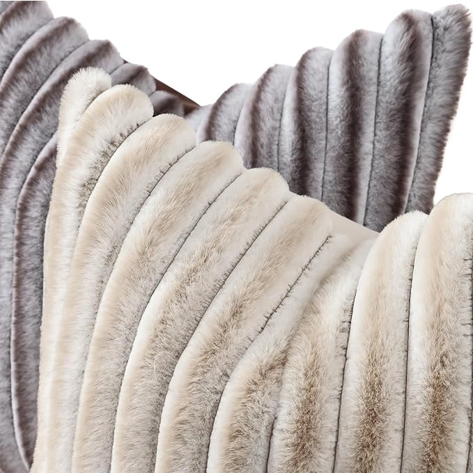 decorUhome Cozy Faux Fur Throw Pillow Covers 12x20 Set of 2 Decorative Soft Plush Striped Lumbar Modern Farmhouse Boho Couch Pillow Cases with Velvet Back for Sofa Bed Living Room, Brown White