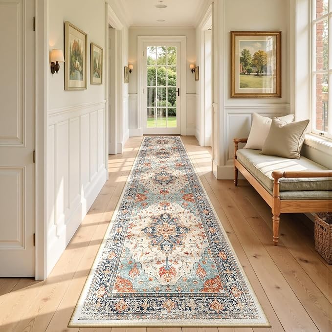 Area Rugs 2'6''x10' Runner Rug Non Slip Washable for Kitchen Hallway Bedroom Beside Laundry Room Bathroom Rug, Floor Carpet, Beige Navy Blue Orange Colorful