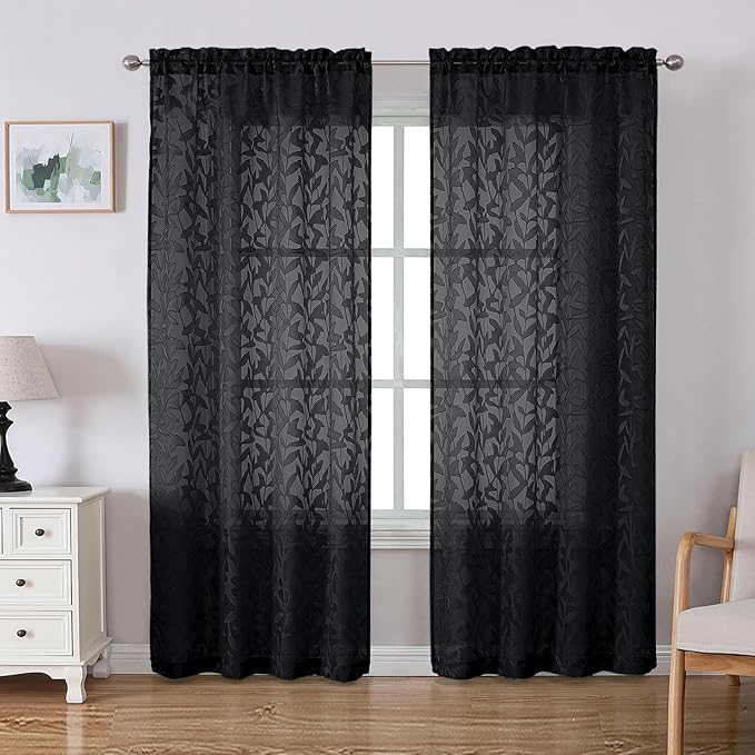 Lecloud Leia Black Sheer Curtains 72 Inches Long 2 Panels, Jacquard Leaf Textured Light Filtering Bedroom Curtains, Rod Pockets Airy Voile Drapes for Living Room Dining Room, Each Panel 42" W x 72" L