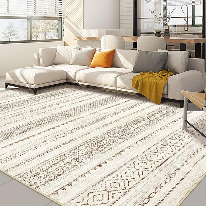 Nakagishi 7x10 Area Rug Living Room: Washable Boho Large Neutral Modern Soft Farmhouse Rugs Stain Resistant Indoor Floor Non-Slip Carpet for Bedroom Nursery Kids Playroom Office Dining Room- Brown