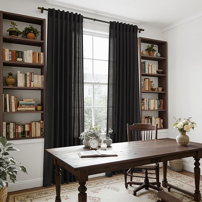 Vintage Black Linen Curtains 108 Inches Long for Living Room Light Filtering Semi Sheer Curtain Back Tab Floor to Ceiling High Window Gothic Vintage Decor Drapes for Bedroom Office 52x108,2 Panels