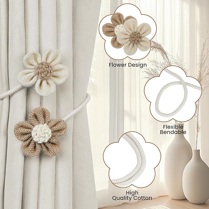 KLOGTSIND Flower Curtain Tiebacks, 4 Pack Boho Curtain Ties Elegant DIY Curtain Holdbacks, Decorative Window Drape Twist Tie Backs for Bedroom Decor, Nursery Decor, Farmhouse Decor