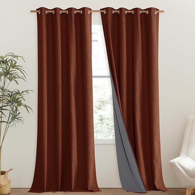NICETOWN 100% Absolutely Blackout Linen Curtains with Thermal Insulated Liner, 52" Wide, 2 Panels, 102" Long Drapes, Grommet Retro Burnt Orange Linen Curtains Vertical Drapes Privacy for Bedroom