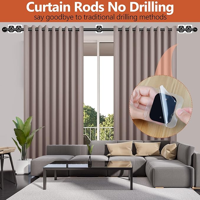 Curtain Rods No Drilling for Windows,5/8 Inch Diameter Drapey Pole with No Drill Curtain Rod Brackets (2PCS Black, 66 to 120")