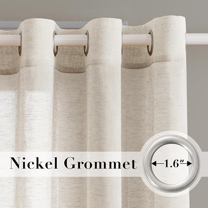 H.VERSAILTEX Linen Curtains Nickel Grommet Natural Linen Semi-Sheer Curtains 2 Panels Privacy Added Premium Soft Rich Material Drapes for Bedroom/Living Room - 37x63 Inch- Natural