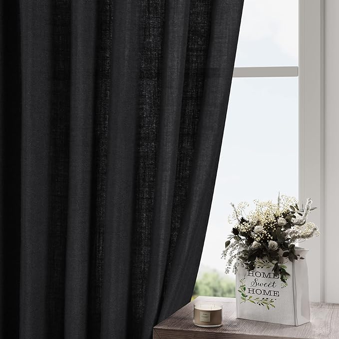 Nanspring Black Cafe Curtains 54 Inch Length Set 2 Panel Back Tab Pocket Semi Sheer Short Linen Black Curtain Tiers for Small Bathroom Window Basement Farmhouse Decor 38x54