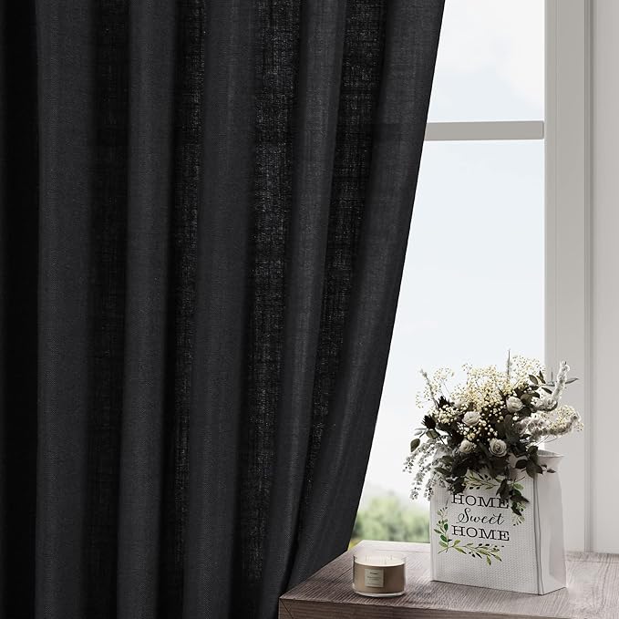 Black Linen Curtains 92 inches Long 2 Panels for Bedroom Back Tab Light Filtering Privacy Sheer Black Curtains Muslin Look Modern Farmhouse Cotton Textured Gauze Curtain for Living Room 2 Panel Set