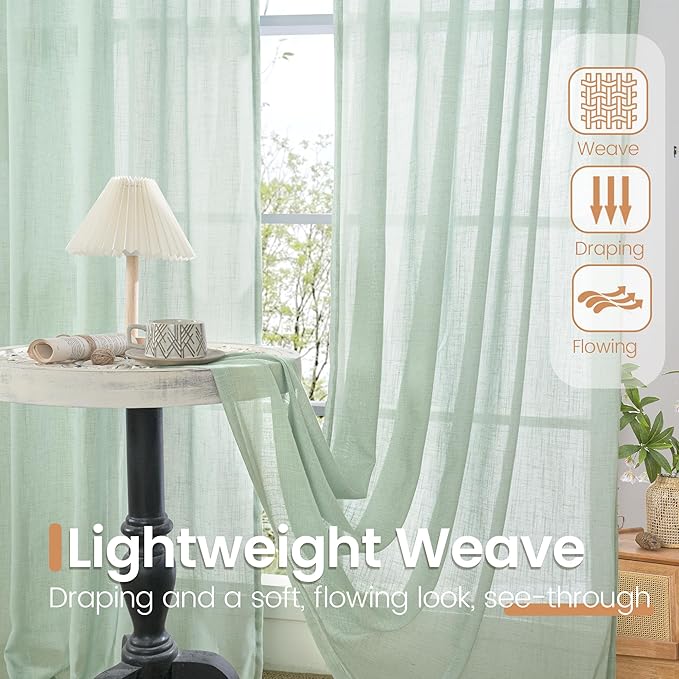 BGment Sage Green Linen Curtains 36 Inch Length for Kitchen Window - Small Drapes Light Filtering for Cafe Bathroom Decorative Lightweight Natural Rustic Rod Pocket, 2 Panels Set, 42 X 36 Inch