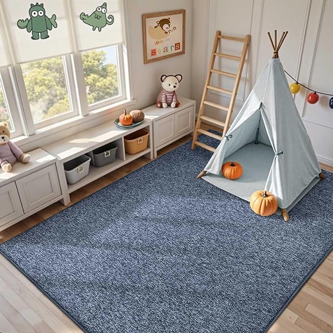 FinRèc 7x10 Washable Area Rugs for Bedroom Living Room, Low Pile Thin Rug Solid Color, Non-Slip Carpet Indoor for Home Decor (Navy Blue)