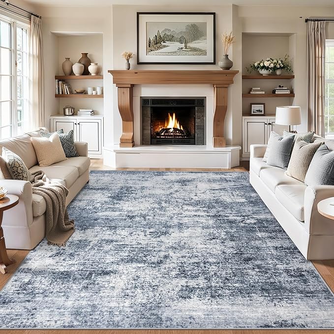Area Rugs 10x12 Living Room - Washable Rug Modern Abstract Soft Large Neutral Non-Slip Carpet Indoor Floor Thin Carpets for Bedroom Dining Room Farmhouse Nursery Home Office Grey Blue