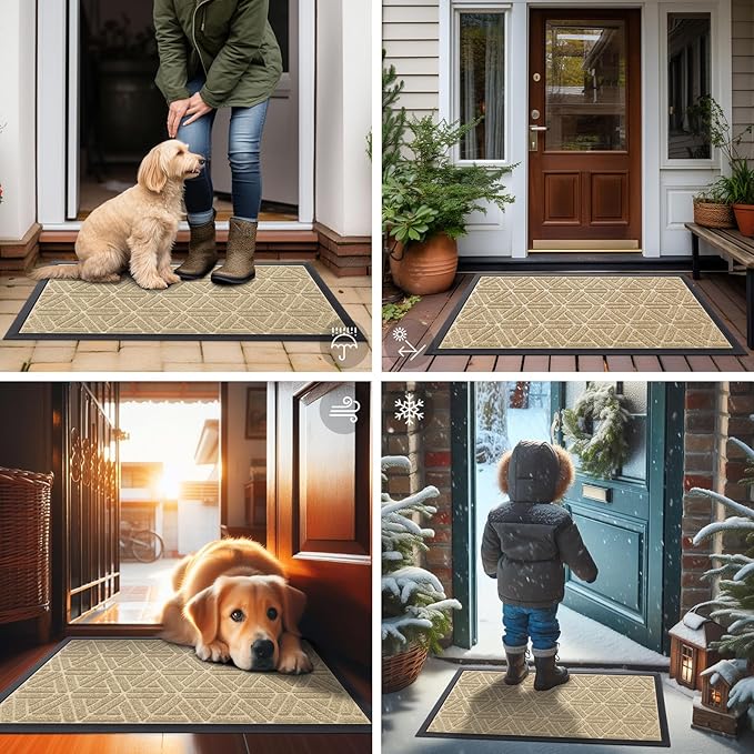 Smiry Front Door Mat Outside Entrance, Heavy Duty Sturdy Natural Rubber Doormat, Trap Dirt and Moisture, Easy Clean Low Profile Mats for Indoor Outdoor Entry, Grid Geometric (35x23, Beige)
