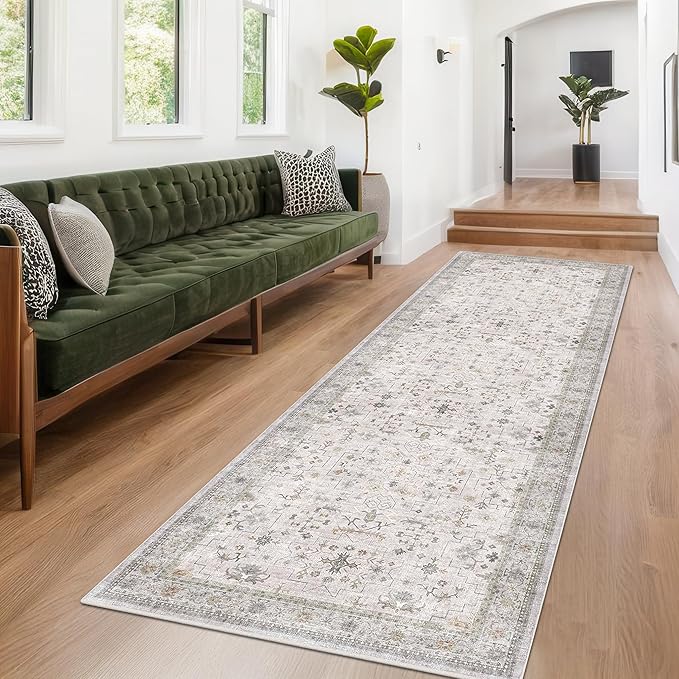 Hazo Haus Light Gray Washable 2'6"x10' Wide Hallway Runners, Kitchen Runner Rug, Non-Slip & Stain Resistant 10ft Long Floor Rug, Neutral Boho Floral Décor