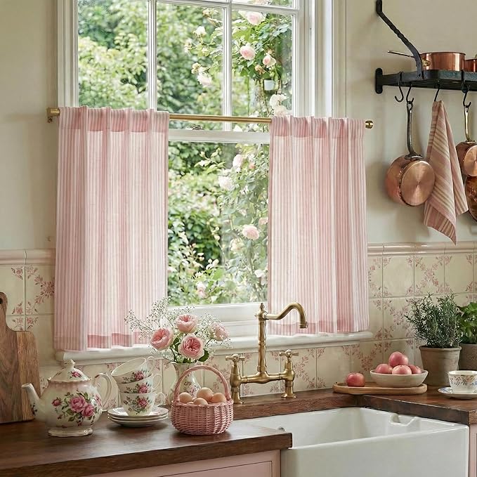 RYB HOME Cafe Striped Curtains for Kitchen Bathroom Small Window, Linen Pinstripe Drapes Valance 36 inch Length for Living Room Short Tier Boho Rustic Farmhouse, Pink, W26 x L36, 2 Panels