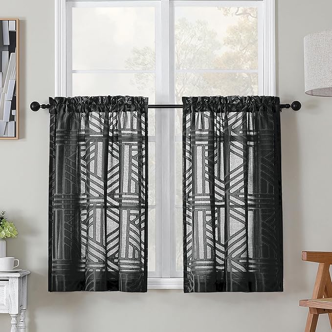 Simplebrand Semi Sheer Black Curtains 36 Inch Length 2 Panels, Geometric Jacquard Clip Textured Short Sheer Curtains for Bedroom，Modern Elegant Window Curtains Panels/Drapes/Treatment, 30x36 inch