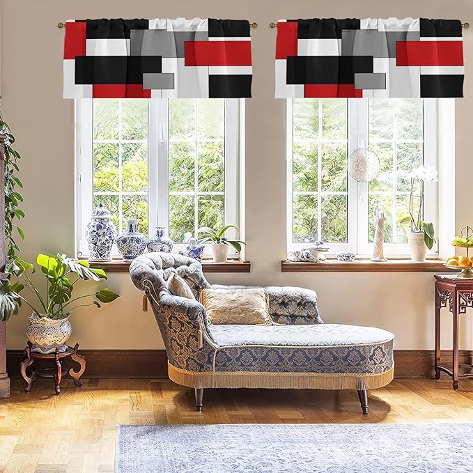 Emvency 4 Pack Valances Window Treatments, Red and Black Geometry Abstract Modern Art Blackout White Adjustable for Living Room Bathroom Kitchen Over Sink, 52x18 Inch Rod Pocket Valances