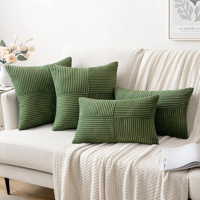 MIULEE Moss Green Decorative Throw Pillow Covers 16x16 Inch for Couch Bed Sofa Spring Decor Pack of 2 Boho Farmhouse Throw Pillows Soft Cross Corduroy Patchwork Textured Cushion Cases