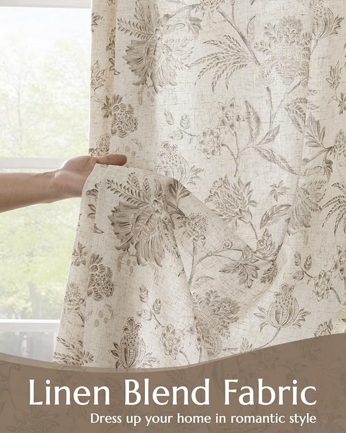 jinchan Lined Linen Floral Curtains for Living Room, 63 Inch Length Printed Flower Farmhouse Patterned French Country Back Tab Taupe Window Drapes Set Privacy Bedroom Curtains, 2 Panels