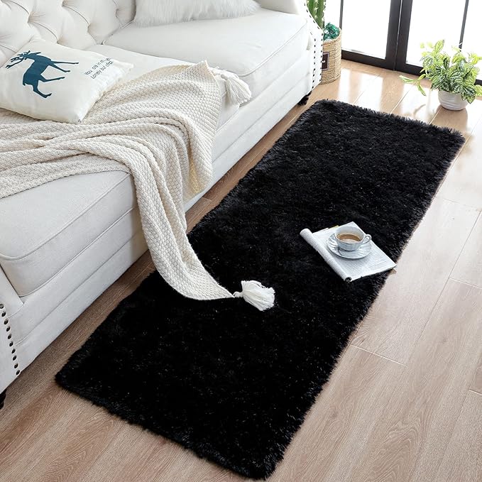 Chicrug Soft Runner Rugs for Bedroom Living Room Plush Fluffy Rug 2x7 Feet, Shag Furry Area Rug Carpet Non Shedding for Nursery Children Kids Girls Room Home Decorative, Black