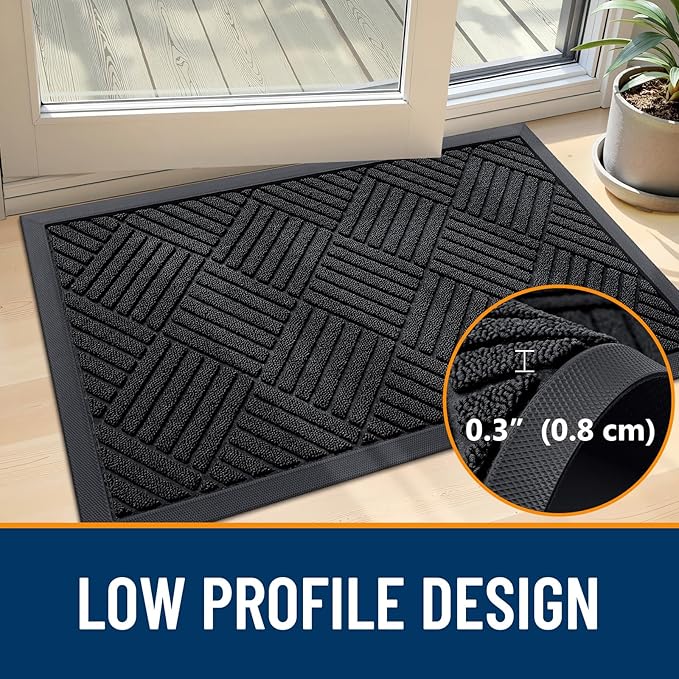 OLANLY Front Door Mat Outside Entrance 59x34, Absorbent, Heavy Duty Sturdy Natural Rubber Doormat Indoor Outdoor, Stain and Fade Resistant, Non-Slip Low Profile Floor Mat for Entryway, Black Diamond