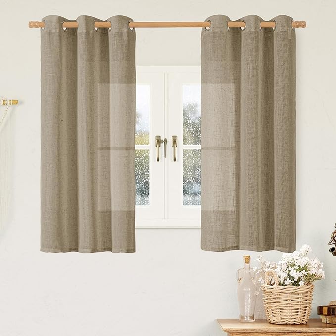 LAMIT Sheer Linen Curtains 48 Inches Length for Short Windows, Light Filtering Linen Textured Drapes with Bronze Grommet for Bathroom Bedroom Decorative, 2 Panels, Taupe, 34 X 48 Inch