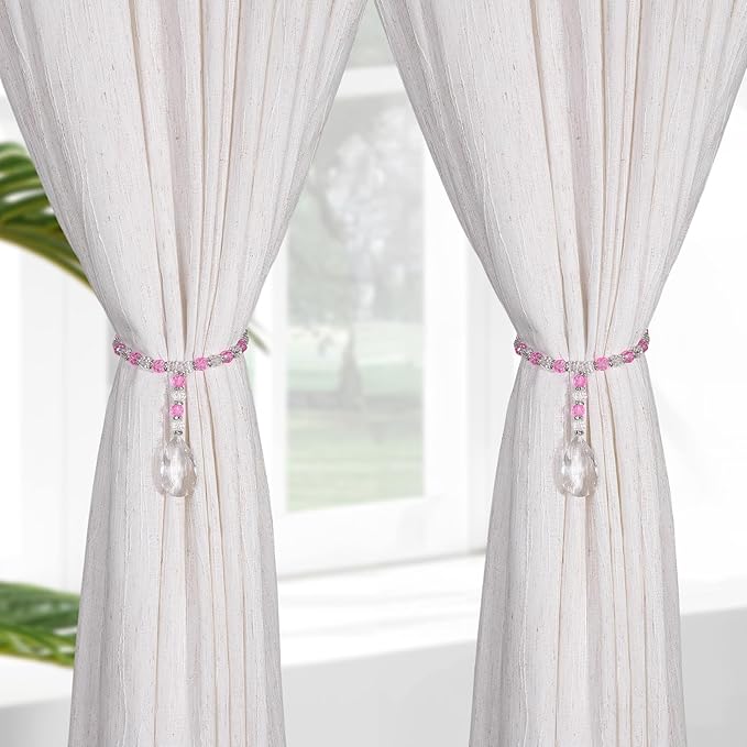SUQ I OME 1 Pair of Luxury Crystal Beaded Magnetic Curtain Tieback and Holdback Curtain Clips Curtain Buckle Curtain Holder Blingbling Curtain Holdbacks for Drapes,Bright Pink