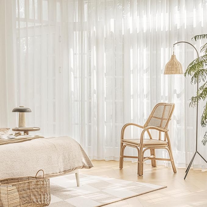FMFUNCTEX Linen Sheer Curtains for Bedroom, Beige Curtains 84 inches Long for Living Room, Natural Flax Blend Window Draperies for Farmhouse Curtain, Rod Pocket 2 Panels