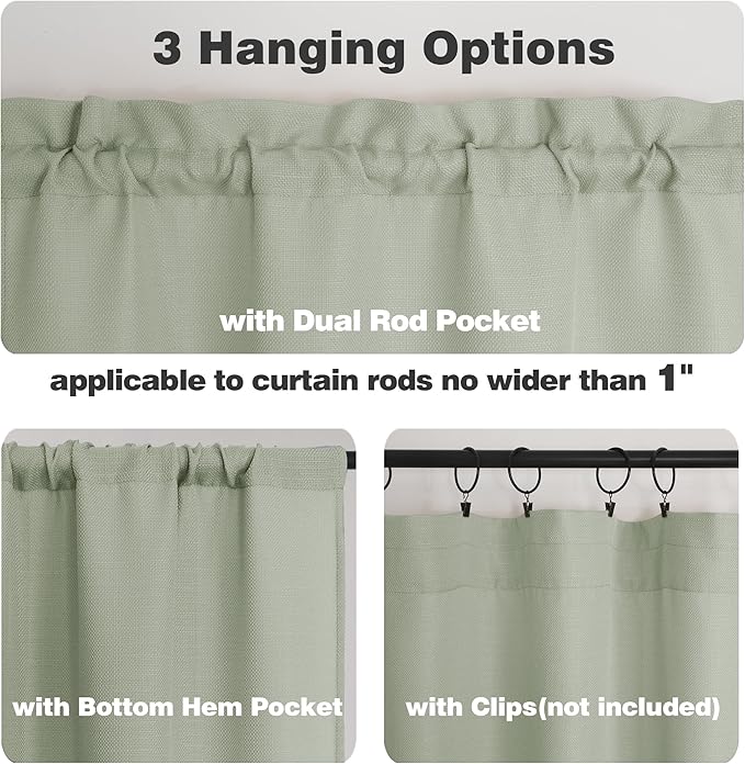 Chyhomenyc Light Green Valance for Windows, Light Filtering Faux Linen Solid Short Curtain Valance, Burlap Decorative Small Curtain for Kitchen Bathroom Laundry Basement, 60Wx12L inch, 1 Piece