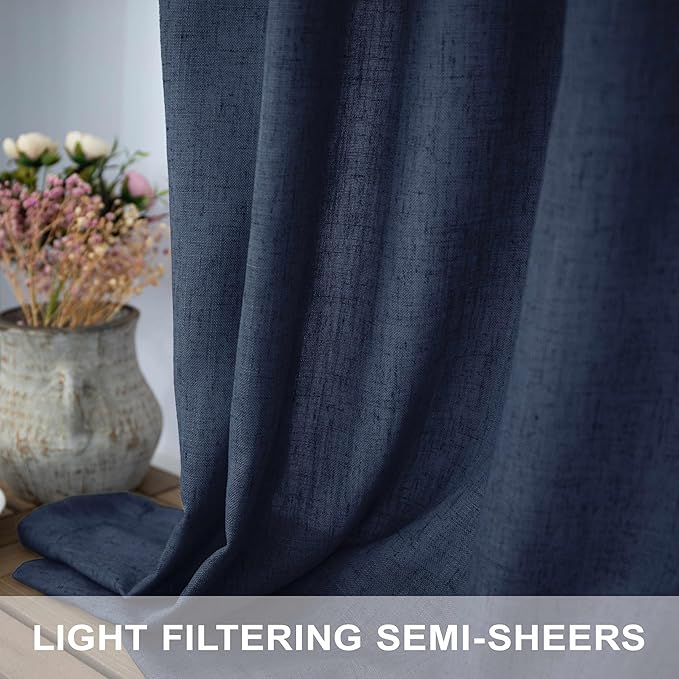Navy Blue Curtains 45 Inch Length for Dining Room 2 Panels Back Tab Pocket Linen Blend Lightweight Semi Sheer Short Cafe Tier Dark Blue Curtains for Kitchen Farmhouse Bathroom Small Windows 52x45 Long