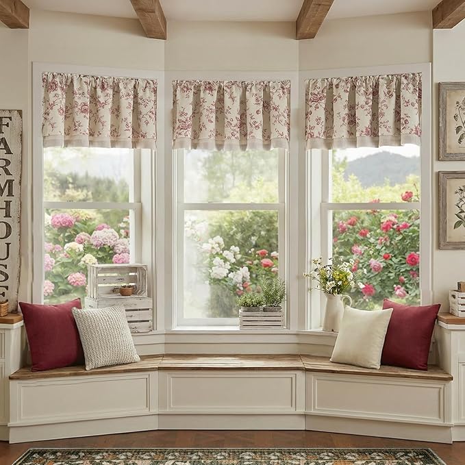 jinchan Amlie Floral Linen Valance Curtain Farmhouse Kitchen Valance for Living Room Laundry Light Filtering Double Layer Cottagecore Window Treatment Rod Pocket 1 Panel 16 Inch Maroon on Linen
