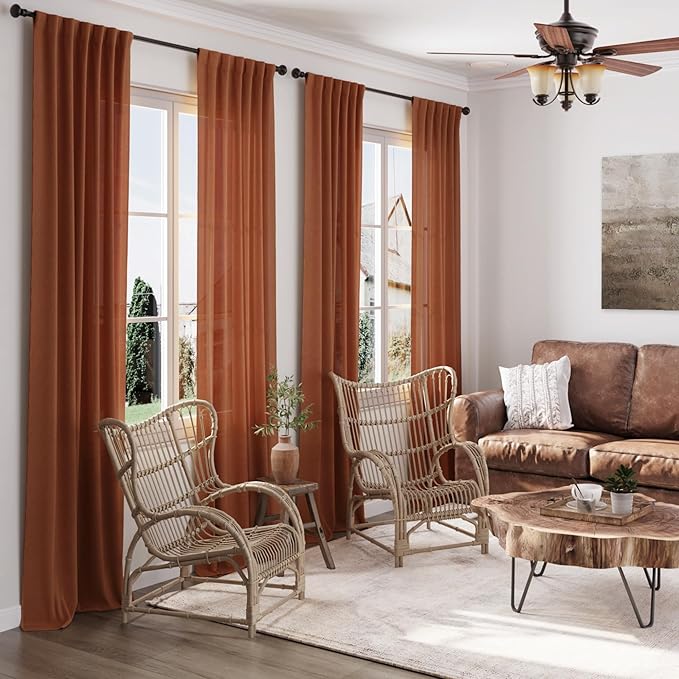 Terracotta Linen Textured 96 Inch Curtains 2 Panel Set Back Tab Rod Pocket Sheer Boho Room Decor Aesthetic Curtains Brick Burnt Orange Burlap Look Curtain Drapes for Living Room Bedroom 8Ft 40x96