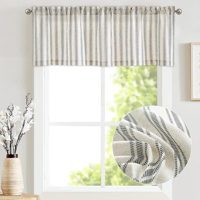 jinchan Striped Valance Farmhouse Window Treatment Linen Textured Drapes for Small Windows Kitchen Living Room RV Vintage Light Filtering Valance 16 Inch Rod Pocket 1 Panel Charcoal Grey on Linen