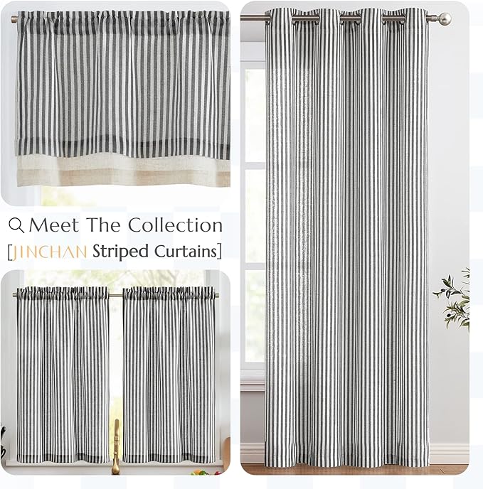 jinchan Linen Valance Curtain Striped Small Window Curtain Double Layer Light Filtering Modern Farmhouse Valance for Kitchen Living Room Bedroom 18 Inch Rod Pocket 1 Panel Black on Beige
