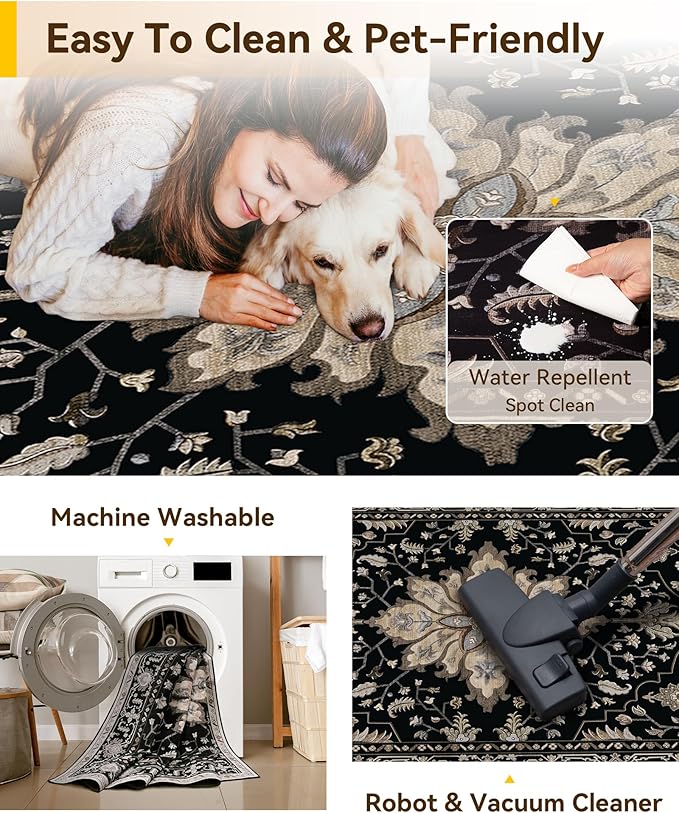 RELEANY Area Rugs 3'x5' Washable Non-Slip, Floral Vintage Distress Print Pattern Medallion Carpet for Living Room Bedroom Dining Room, Black Brown Neutral Dark Tan