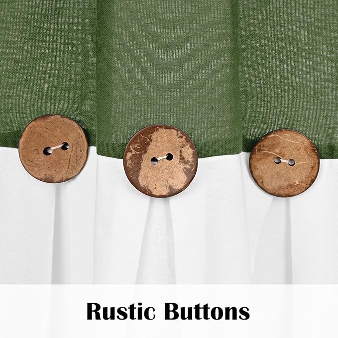 FRAMICS Farmhouse Cotton Linen Curtains for Living Room, Rustic Button Curtains 84 Inch Length 2 Panels, Boho Linen Window Curtain for Bedroom Rod Pocket Drapes, 52 x 84 Inch, Olive Green and White