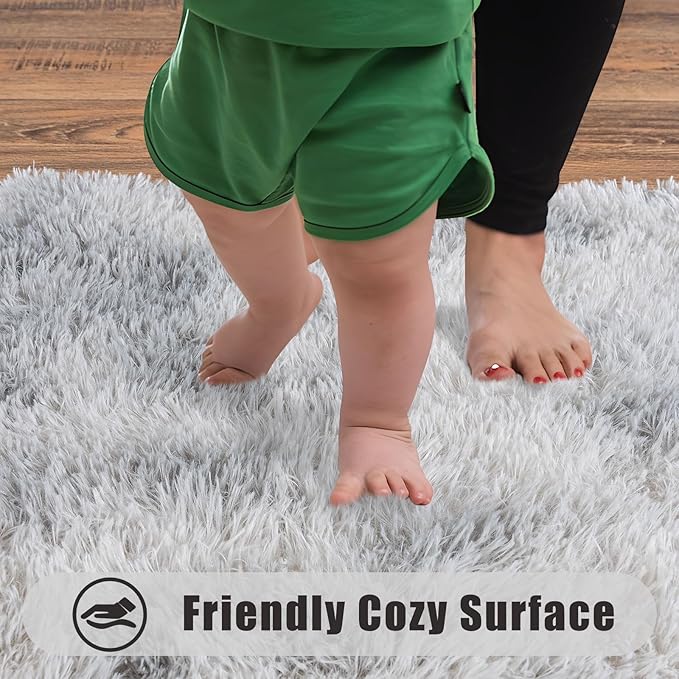 Ultra Soft Runner Rugs with Upgraded Non-Slip Rubber Backing & Thick Memory Sponge, 2x6 Feet Fluffy Shag Throw Area Rug for Bedroom Hallway Living Room Tie-dye Light Grey