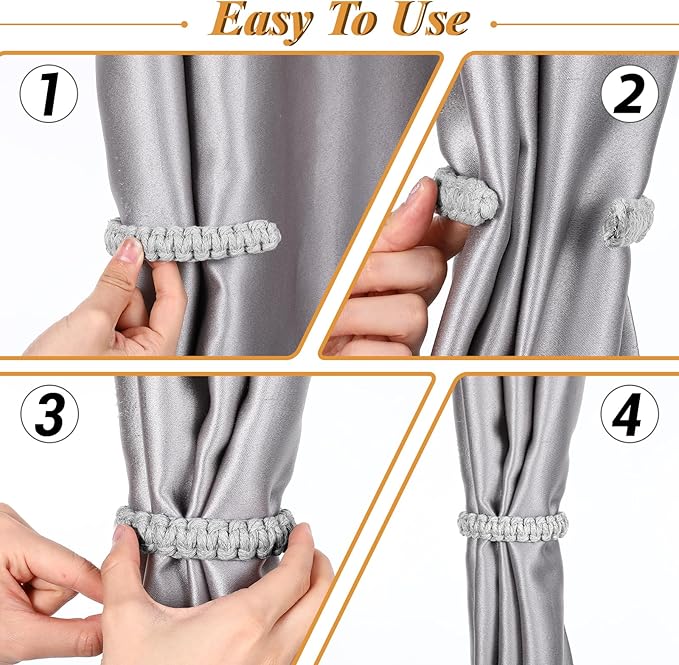 Ptwola 2 Pack Braided Curtain Tiebacks Boho Elegant Rustic Curtain Holdbacks Tie Backs Holders Set Simple Light Weight Drapes Decorative Accessories Handmade for Home Office Bedroom Window (2, Grey)