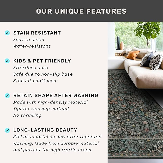 Dark Green Washable Entry Rug, 3x4 Rugs for Entryway Kitchen Bathroom Door Mat Indoor Entrance, Non Slip Rubber Backing, Stain & Fade Resistant, Vintage Floral Design