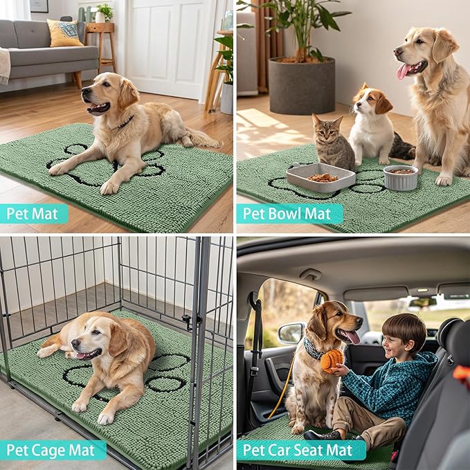 Smiry Dog Door Mat for Muddy Paws, Absorbent Dirt Trapper Non Slip Quick Dry Washable Chenille Mat for Mud Dogs, Entry Rug for Indoor and Outdoor (48x30 Inches, Olive Green and Black)