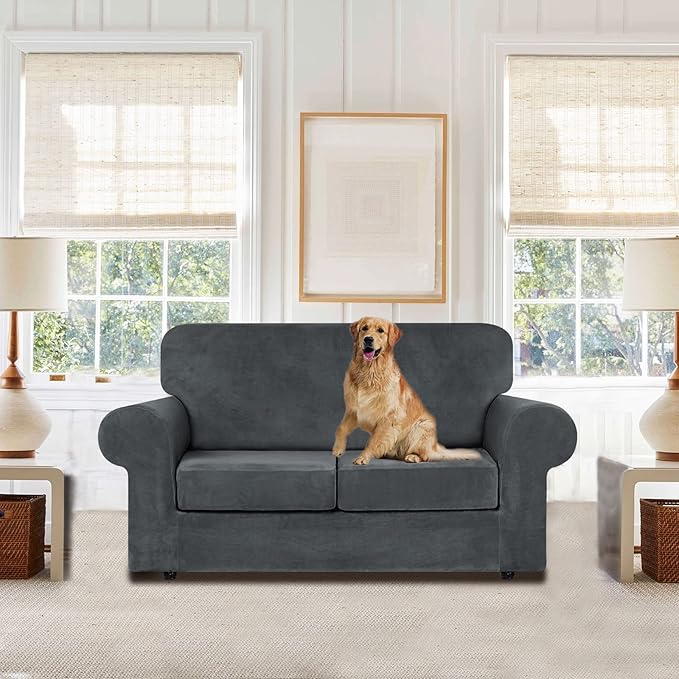 WEERRW Velvet Couch Covers for 2 Cushion Couch Sofa - High Stretch Luxury Velvet Plush 3 Pieces Sofa Slipcovers with Elastic Bottom, Furniture Protector for Pets, Machine Washable, Dark Grey, Medium
