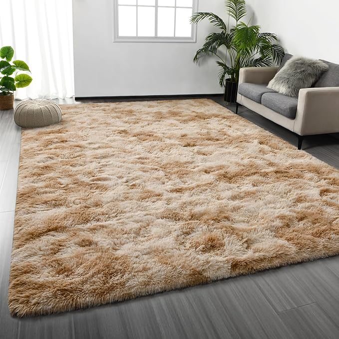 Deerhoo Shag Area Rug, 4 X 6 Tie-Dyed Plush Fuzzy Rugs for Living Room, Ultra Soft Fluffy Furry Rug for Bedroom, Indoor Carpet Nursery Rugs for Kids Room Home Decor, Beige