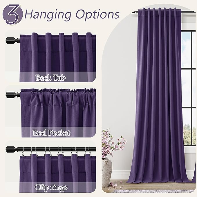 Guken 100% Blackout Curtains 84 Inch Length 2 Panels Set for Living Room Bedroom Back Tab Thermal Insulated Black Out Linen Drapes Room Darkening New Purple,52x84