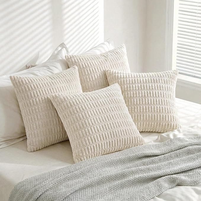 Fancy Homi 4 Packs Boho Cream Decorative Throw Pillow Covers 22x22 Inch for Living Room Couch Bed Sofa, Rustic Modern Farmhouse Home Decor, Soft Plush Corduroy Beige Cute Square Cushion Case 55x55 cm