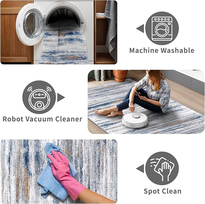 3x4 Rugs Washable Entry Rug: Easy-to-Clean Carpets for Large Entryway Hallway Kitchen Bedroom - Stain and Water Resistant Carpet with Non-Slip Backing - Soft Low-Pile Door Mat Navy Grey