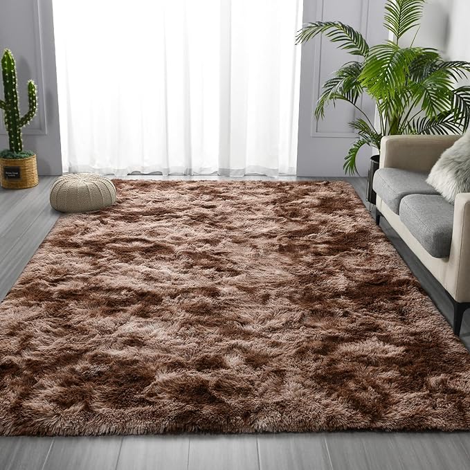 Deerhoo Large Shag Area Rugs 9 x 12, Tie-Dyed Plush Fuzzy Rugs for Living Room, Ultra Soft Fluffy Furry Rug for Bedroom, Indoor Carpet Nursery Rugs for Kids Room Home Decor, Coffee