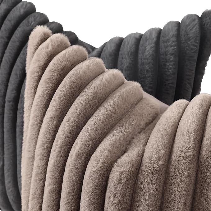 decorUhome Cozy Faux Fur Throw Pillow Covers 20x20 Set of 2 Decorative Soft Plush Striped Modern Farmhouse Boho Couch Pillow Cases with Velvet Back for Sofa Bed Living Room, Dark Grey